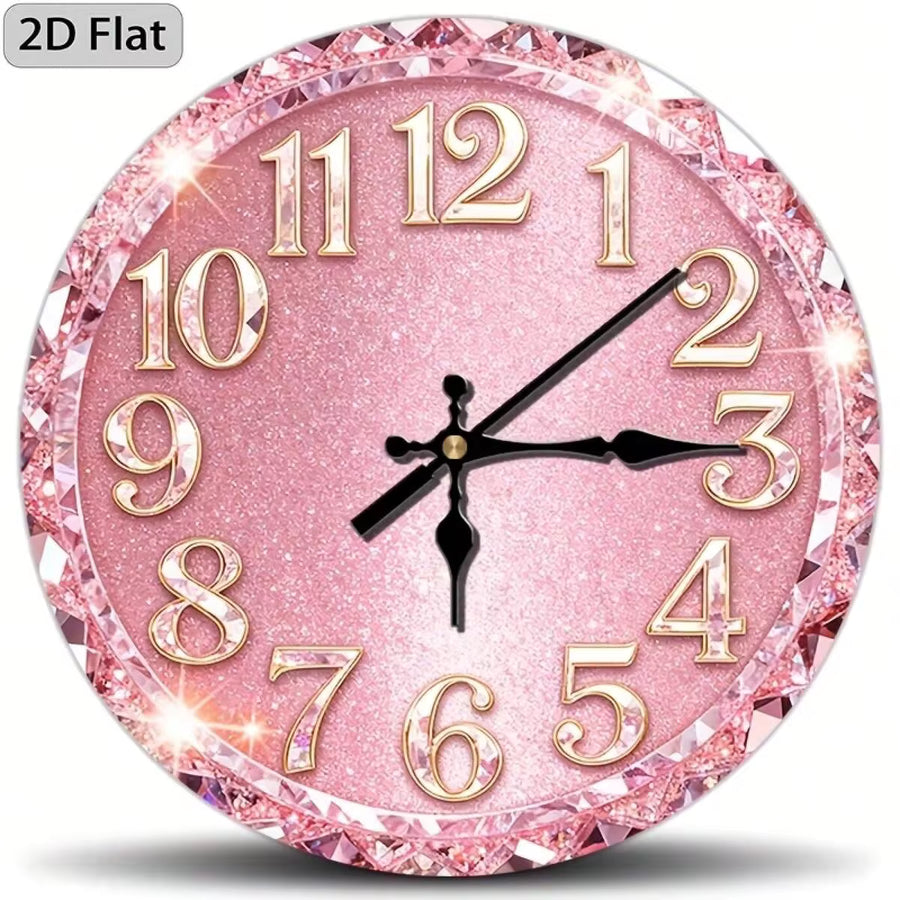 1 Piece 2D Pink Diamond Luxury Printed Wooden Wall Clock, 12inch Silent, For Kitchen, Living Room, Cafe Home Decoration, No AA Batteries Required,Furniture,Desk Deccor,Wall Deocr,Wall Clocks For Living Room,Cumpleaños,Fiesta,Clock,Picks